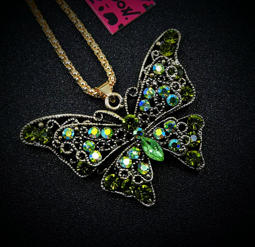 Vintage Filigree Green Rhinestone Butterfly Statement Pendant Necklace