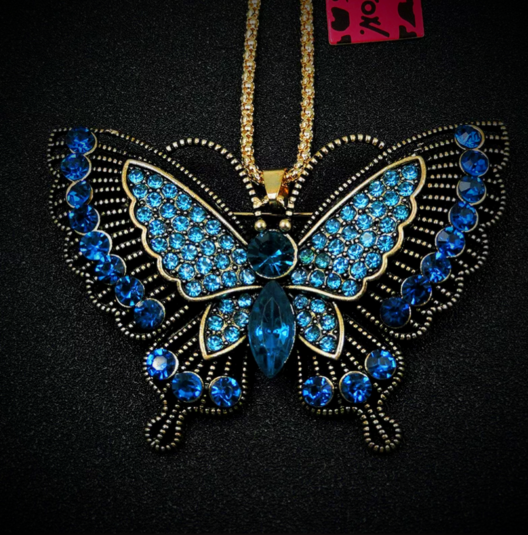 2-in-1 Vintage Crystal Blue Butterfly Brooch Pin & Pendant Necklace