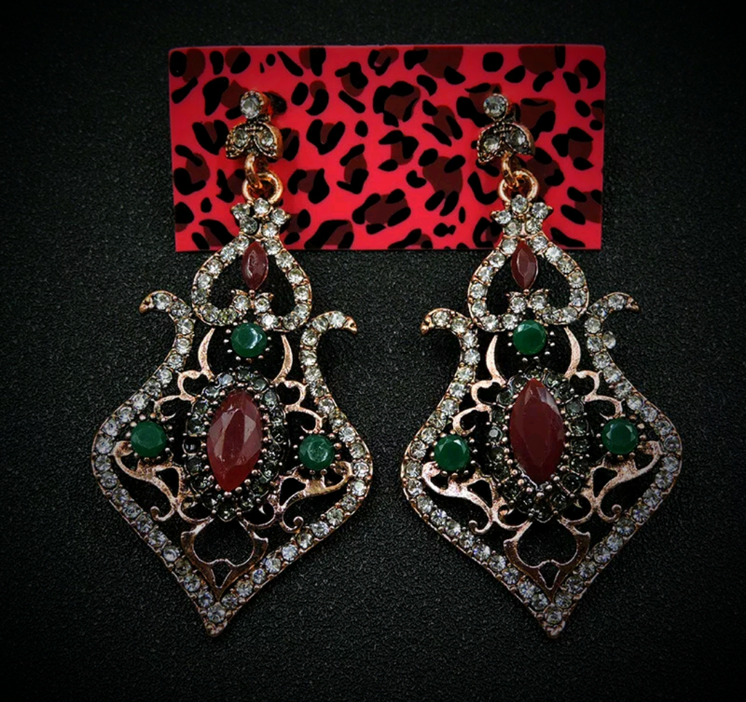 Betsey Johnson Style Gothic Regency Statement Earrings - Red & Green