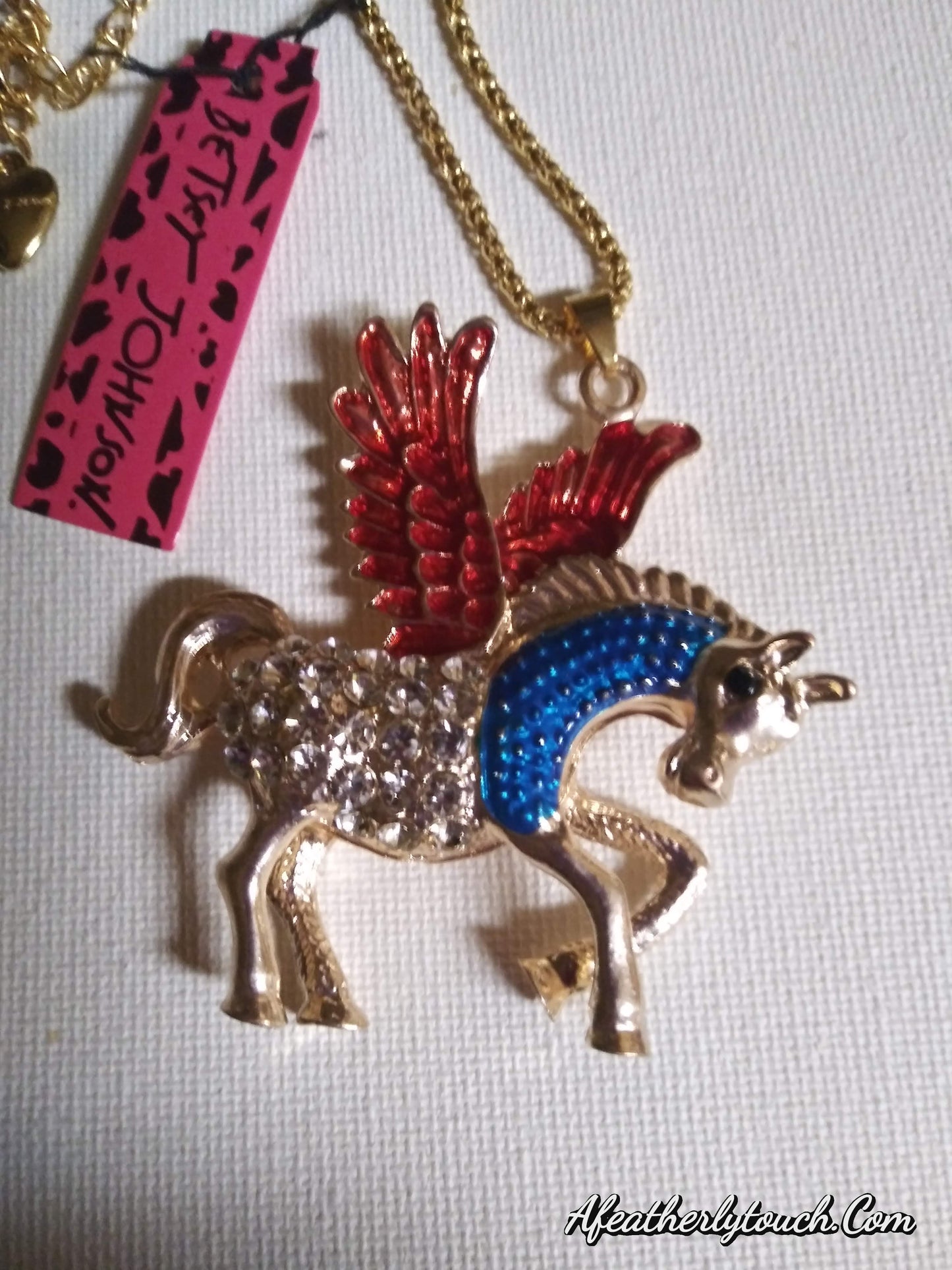 Authentic Betsey Johnson Pegasus Winged Horse Rhinestone Pendant Necklace