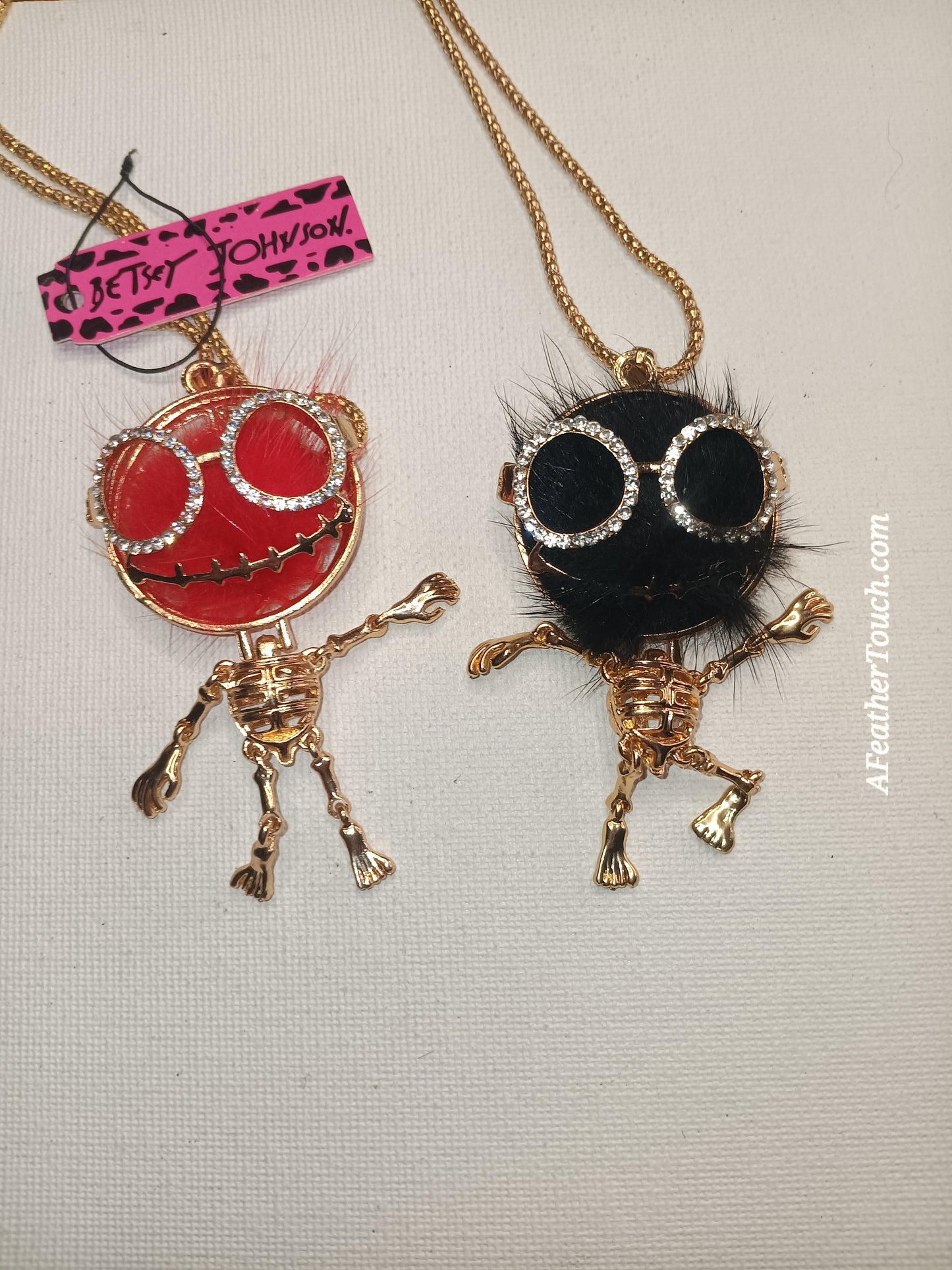 Betsey Johnson  Moveable Skeleton Faux Fur Charm Pendant Necklace