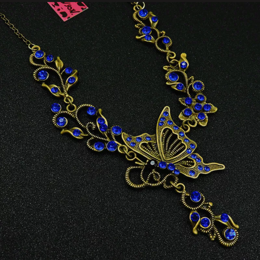 Authentic Betsey Johnson Vintage Antique Brass Butterfly Statement Necklace with Blue Crystals