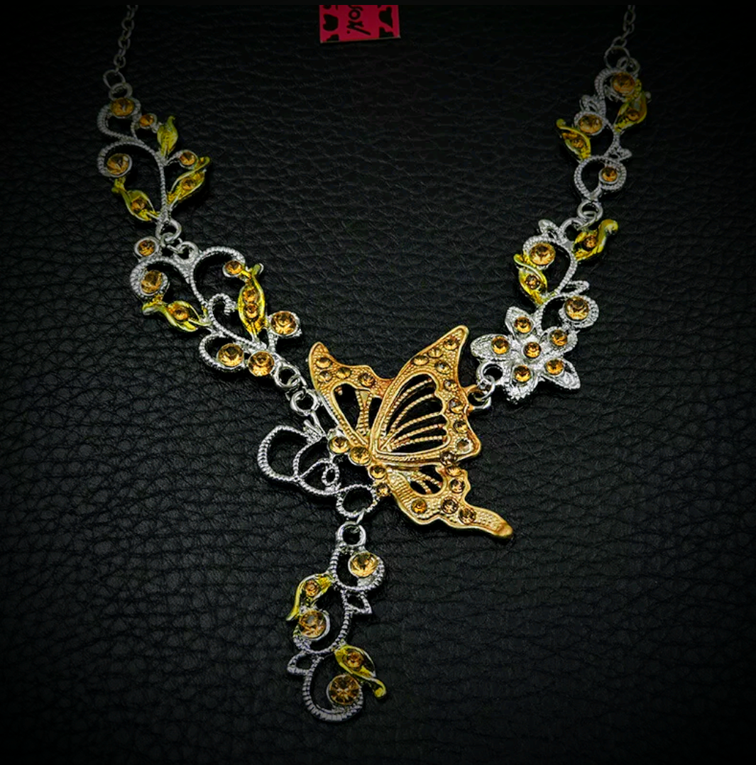 Vintage-Inspired Topaz & Amber Rhinestone Butterfly Statement Necklace