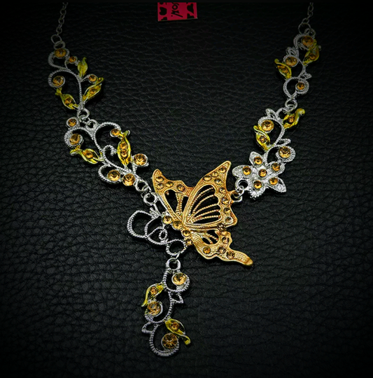 Vintage-Inspired Topaz & Amber Rhinestone Butterfly Statement Necklace