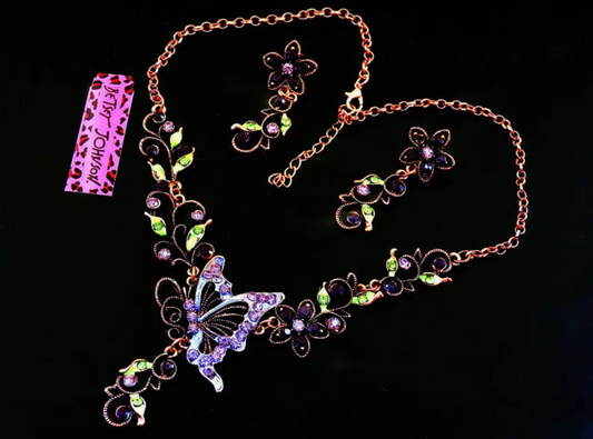 Betsey Johnson Purple Butterfly Vine Statement Necklace & Matching Drop Earrings Set