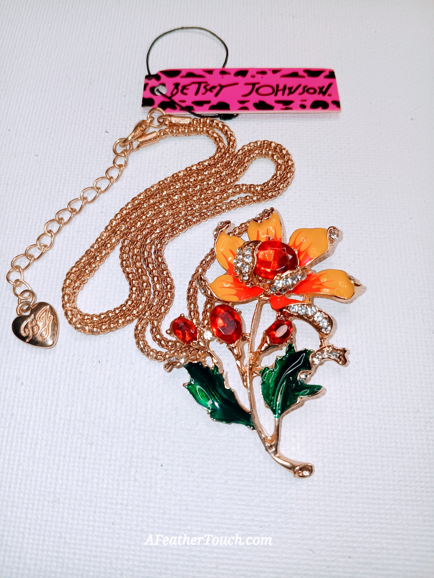 Betsey Johnson Enamel Orchid Flower & Rhinestone Pendant Necklace