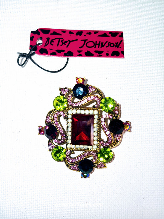Betsey Johnson Vintage Heraldic Style Rhinestone Medallion Brooch Pin