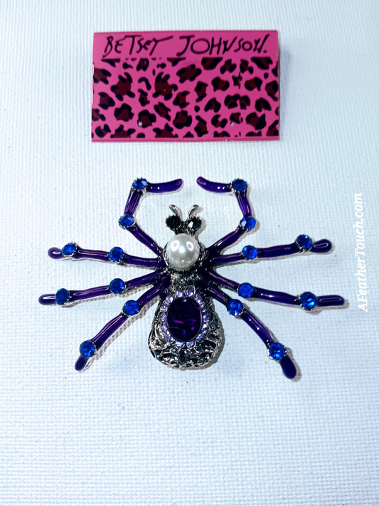 Betsey Johnson Whimsical Purple & Blue Crystal Spider Statement Brooch