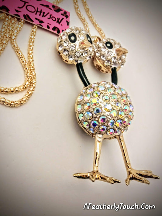 Betsey Johnson Whimsical Pave Crystal Two-Headed Ostrich Necklace