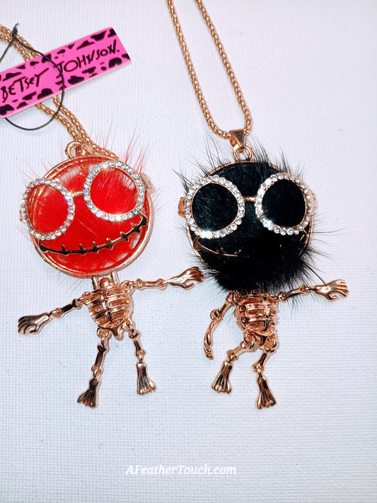 Betsey Johnson  Moveable Skeleton Faux Fur Charm Pendant Necklace