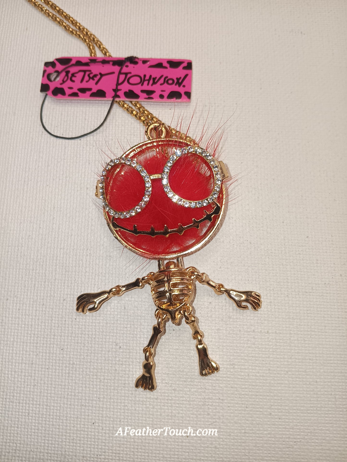 Betsey Johnson  Moveable Skeleton Faux Fur Charm Pendant Necklace