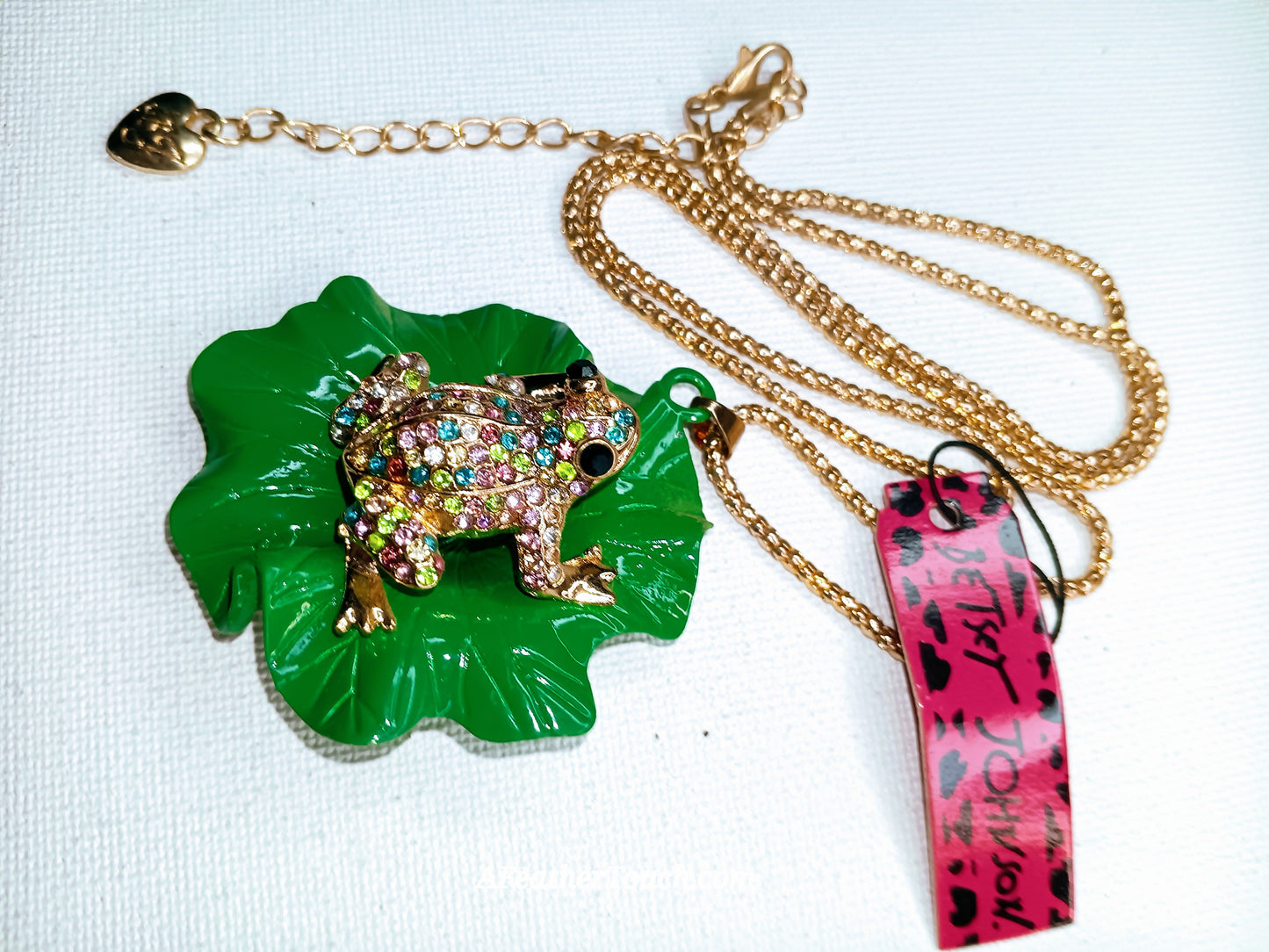 Betsey Johnson Rainbow Rhinestone Frog on Lily Pad Pendant Necklace