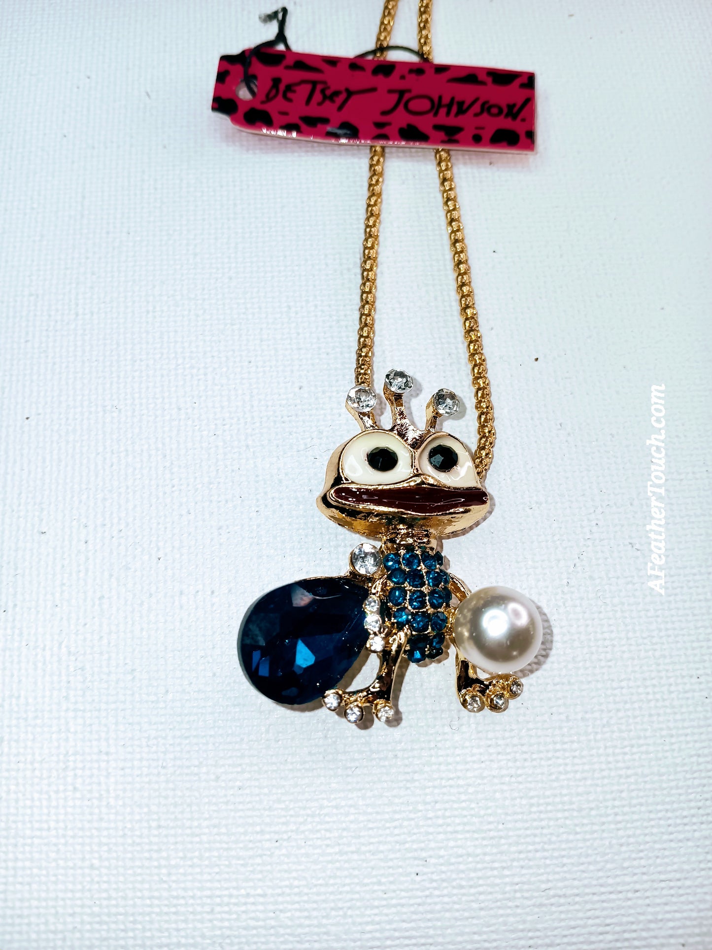 Betsey Johnson Whimsical Blue Crystal & Pearl Frog King Pendant Necklace