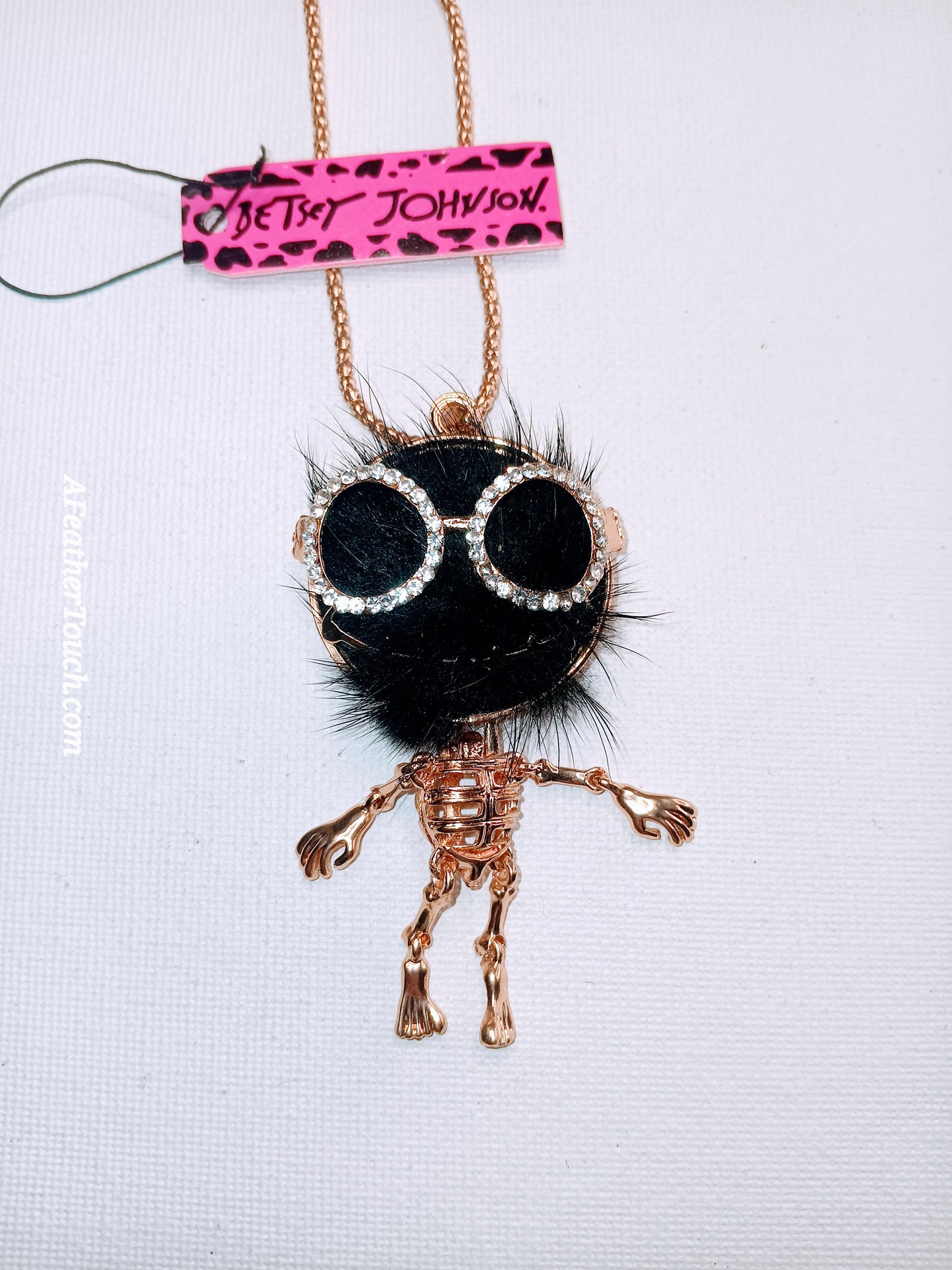 Betsey Johnson  Moveable Skeleton Faux Fur Charm Pendant Necklace