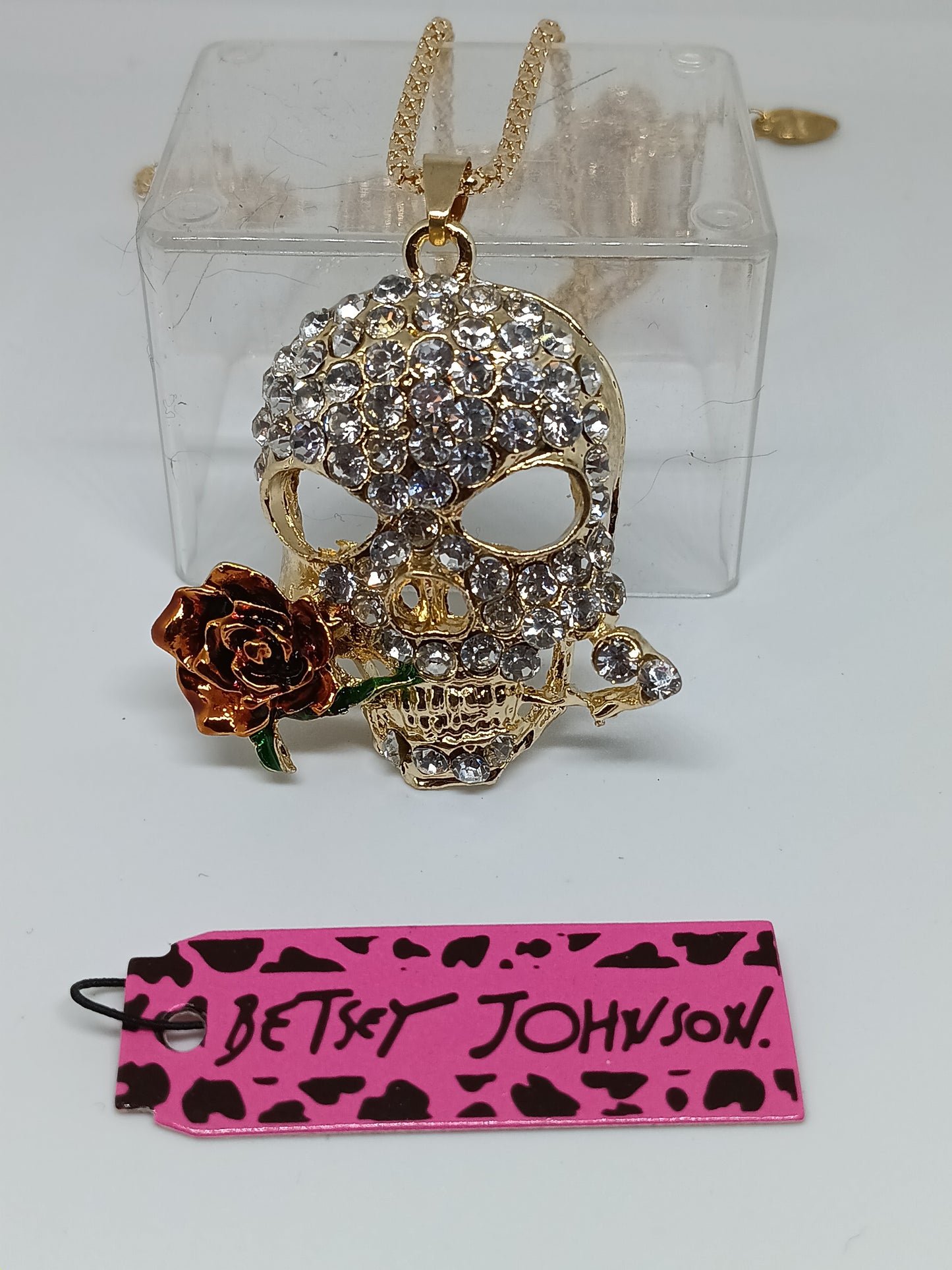 Betsey Johnson Rhinestone Skull & Metallic Rose Statement Pendant Necklace