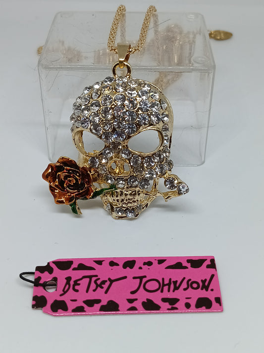 Betsey Johnson Rhinestone Skull & Metallic Rose Statement Pendant Necklace