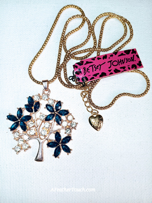 Betsey Johnson Crystal Tree of Life Blue Floral Pendant Necklace