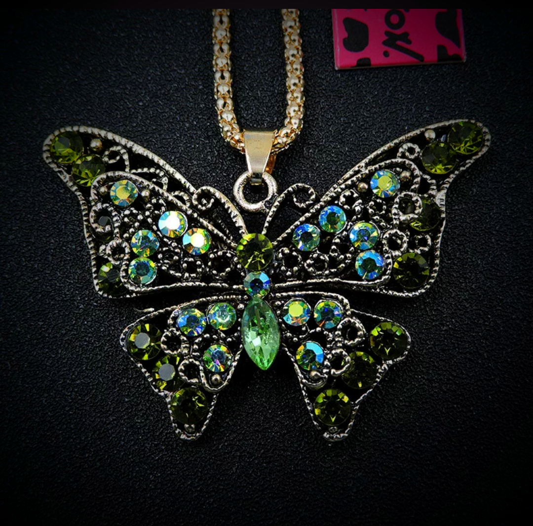 Vintage Filigree Green Rhinestone Butterfly Statement Pendant Necklace