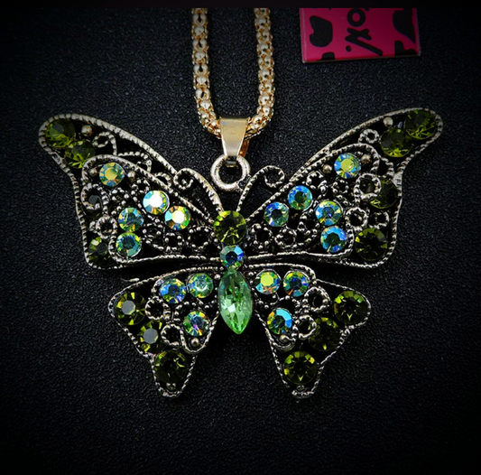 Vintage Filigree Green Rhinestone Butterfly Statement Pendant Necklace