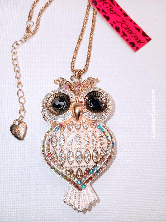 Authentic Betsey Johnson Crystal Owl Pendant Long Chain Necklace