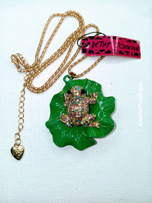 Betsey Johnson Rainbow Rhinestone Frog on Lily Pad Pendant Necklace