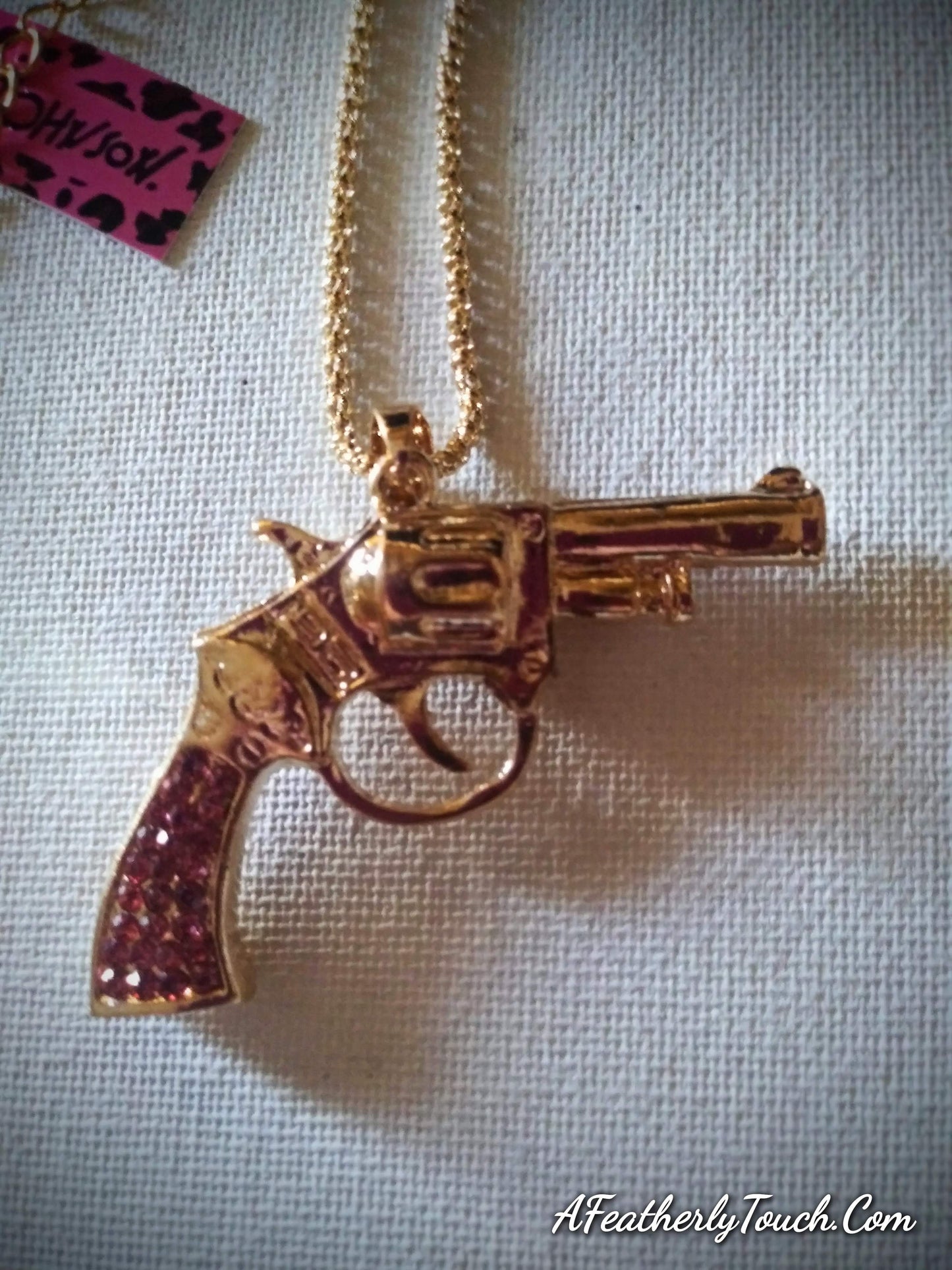 Betsey Johnson Style Pink Crystal Revolver Pendant Necklace