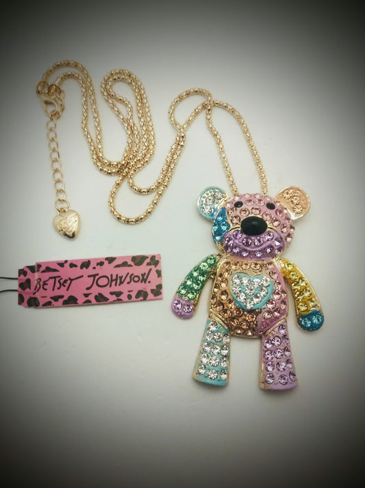 Betsey Johnson Crystal Patchwork Teddy Bear Pendant Necklace