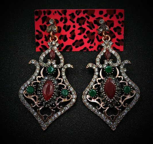 Betsey Johnson Style Gothic Regency Statement Earrings - Red & Green