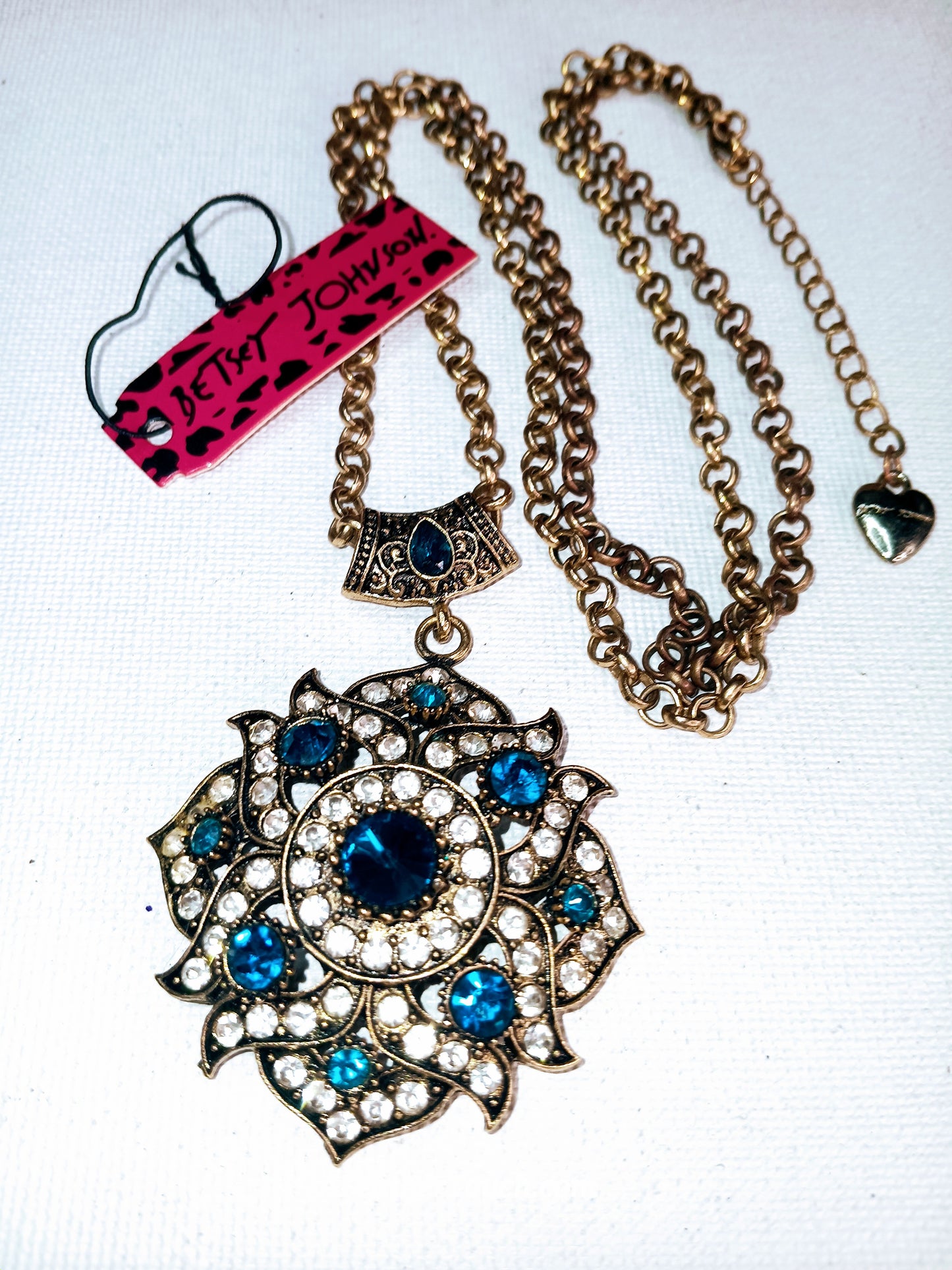 Betsey Johnson Vintage-Style Sapphire Blue Crystal Mandala Flower Pendant Necklace