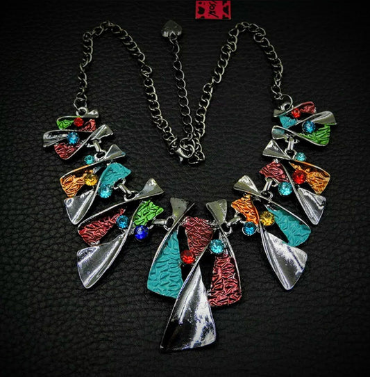 Abstract Geometric Mosaic Colorful Textured Panel Statement Necklace