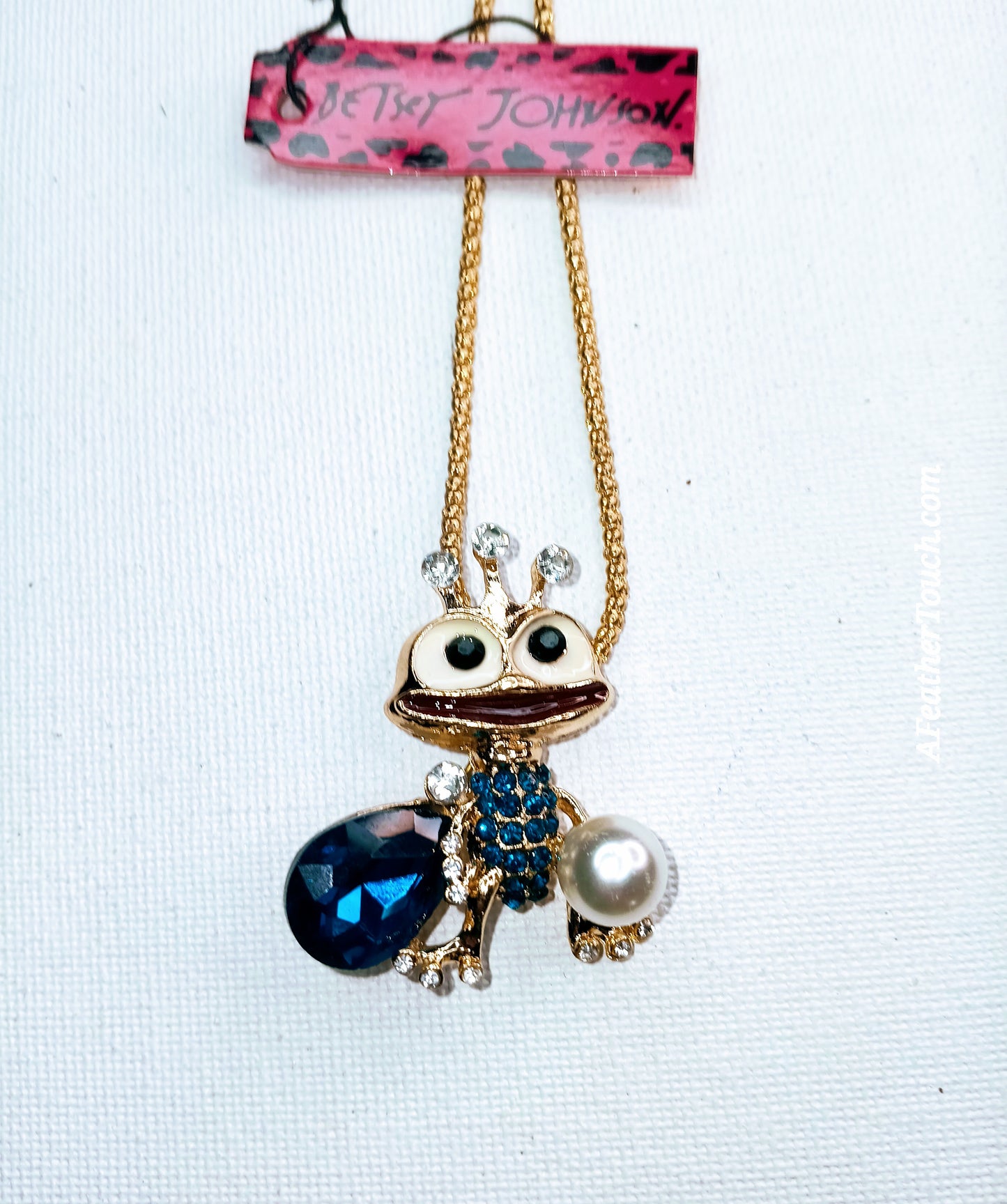 Betsey Johnson Whimsical Blue Crystal & Pearl Frog King Pendant Necklace