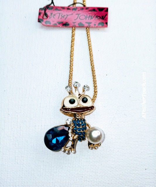 Betsey Johnson Whimsical Blue Crystal & Pearl Frog King Pendant Necklace