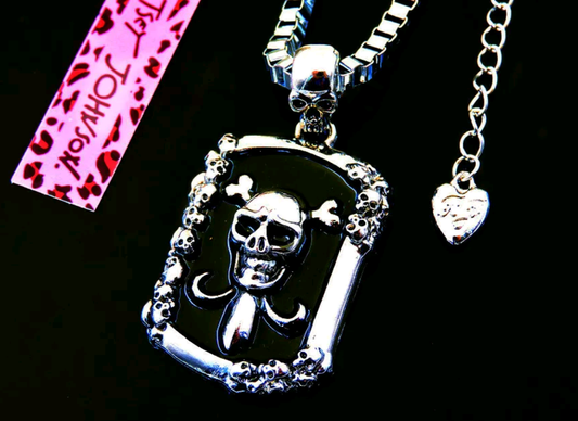 Betsey Johnson Gothic Goth Punk Silver Tone Skull Dog Tag Pendant Necklace
