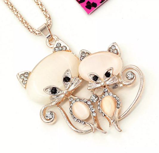 Elegant & Adorable Double Cat Opal Pendant Necklace