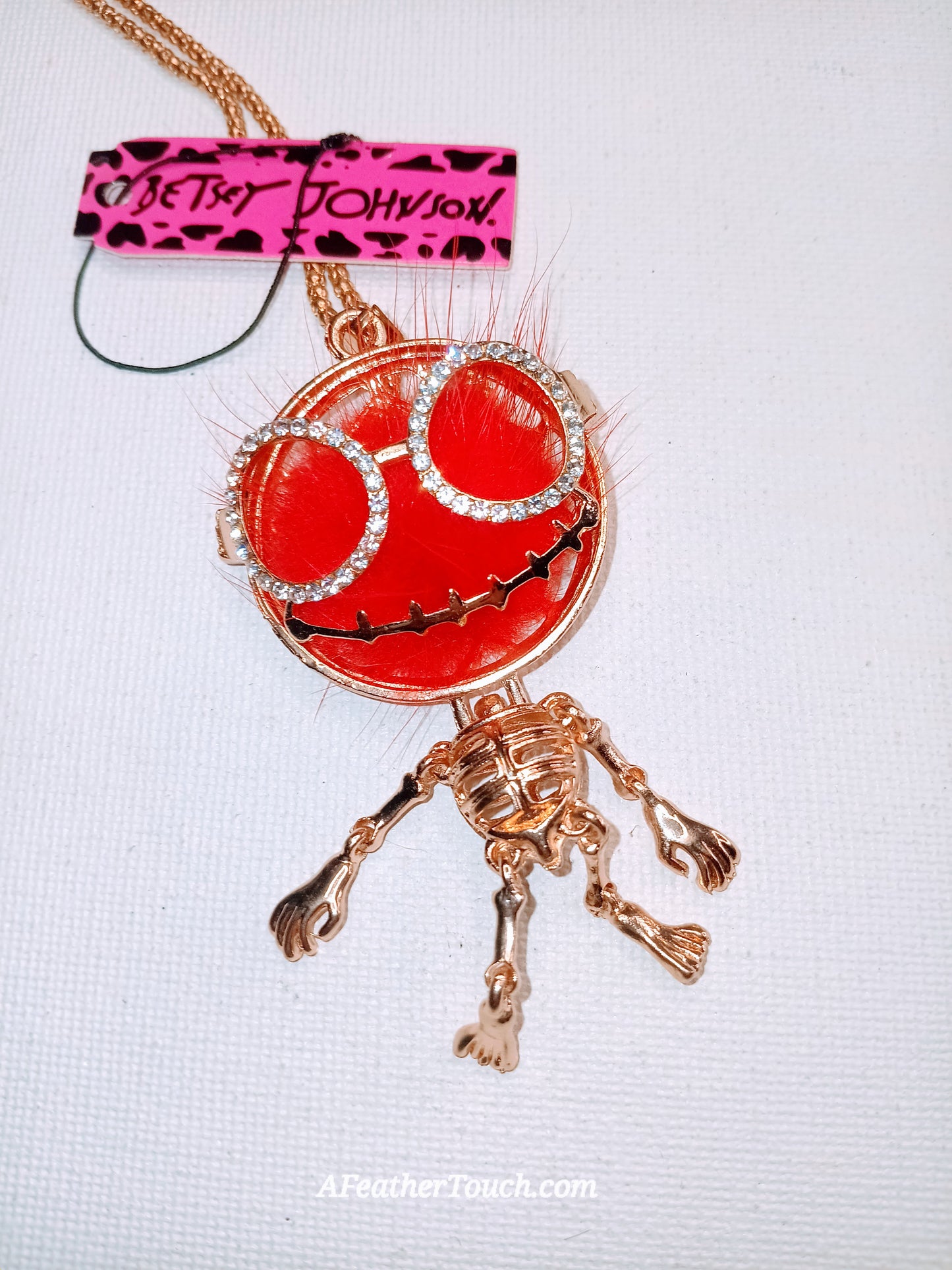 Betsey Johnson  Moveable Skeleton Faux Fur Charm Pendant Necklace