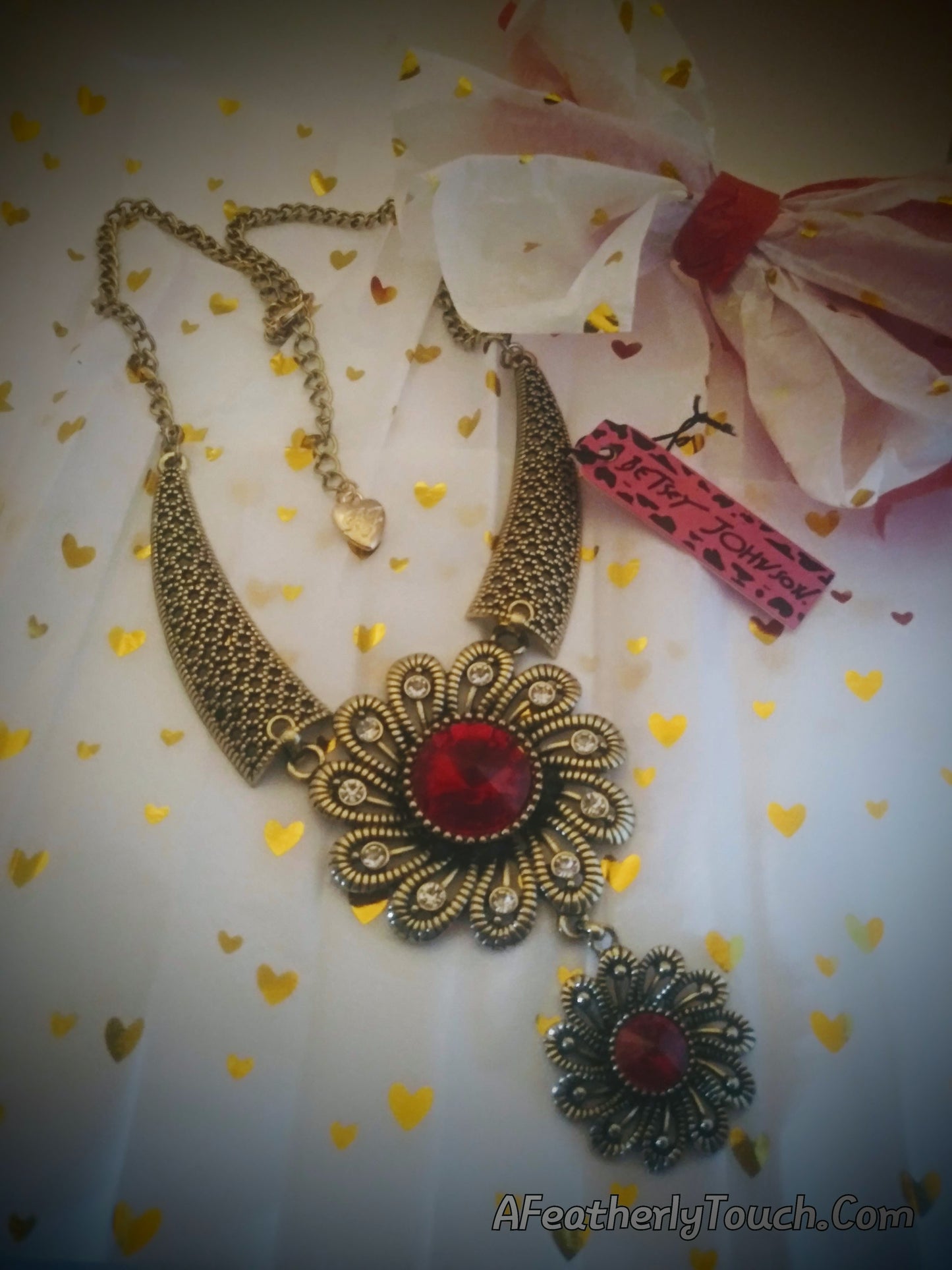 Betsey Johnson Vintage-Style Red Rhinestone Floral Statement Necklace