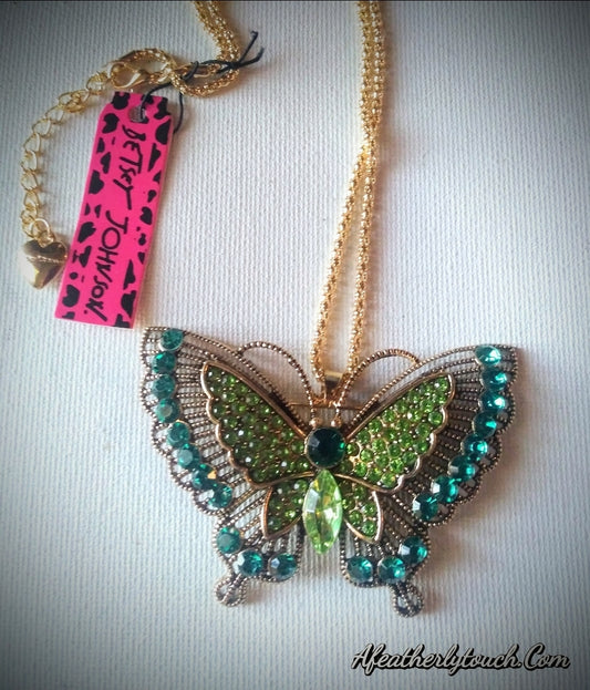 Betsey Johnson 2-in-1 Green Crystal Butterfly Pendant Necklace & Brooch Pin