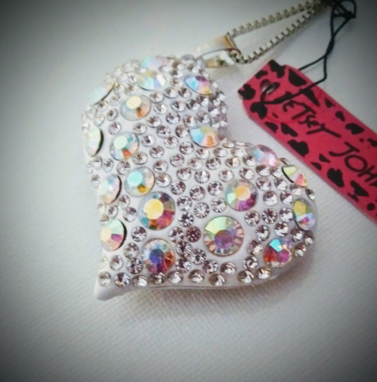 Betsey Johnson Puffy Aurora Borealis (AB) Crystal Heart Pendant Necklace