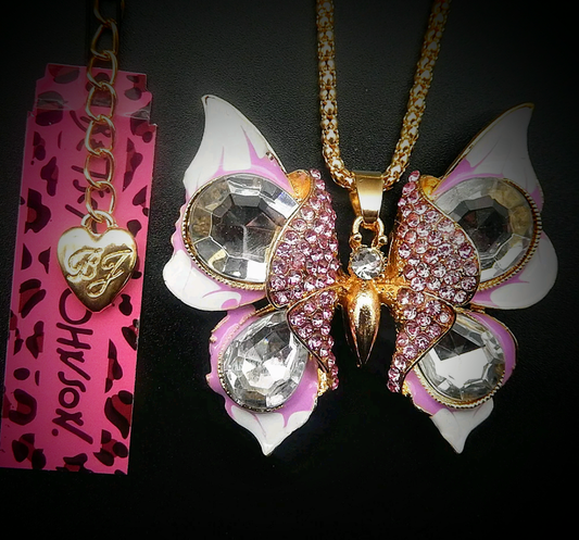 Authentic Betsey Johnson Statement Crystal Butterfly Pendant Necklace – Pink & White Enamel