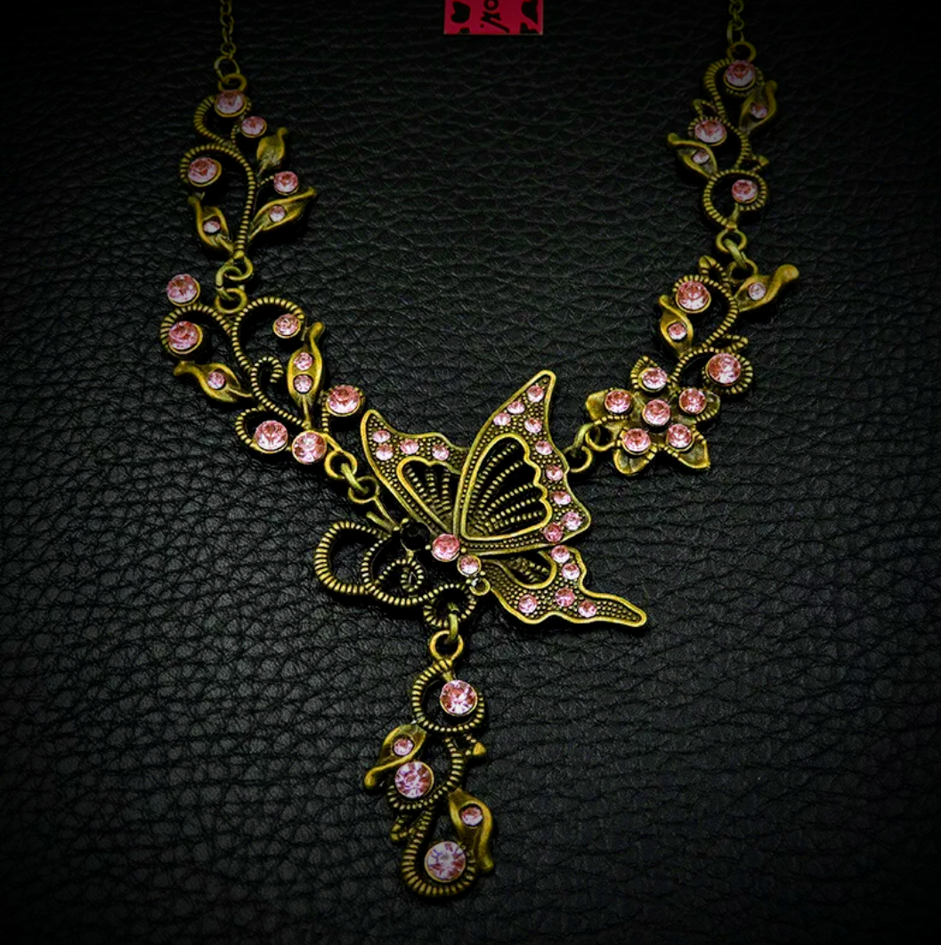 Whimsical Fairycore Pink Rhinestone Butterfly Filigree Necklace - Antiqued Brass