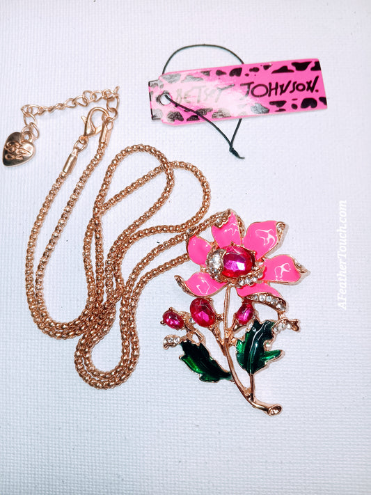 Betsey Johnson Enamel Orchid Flower & Rhinestone Pendant Necklace