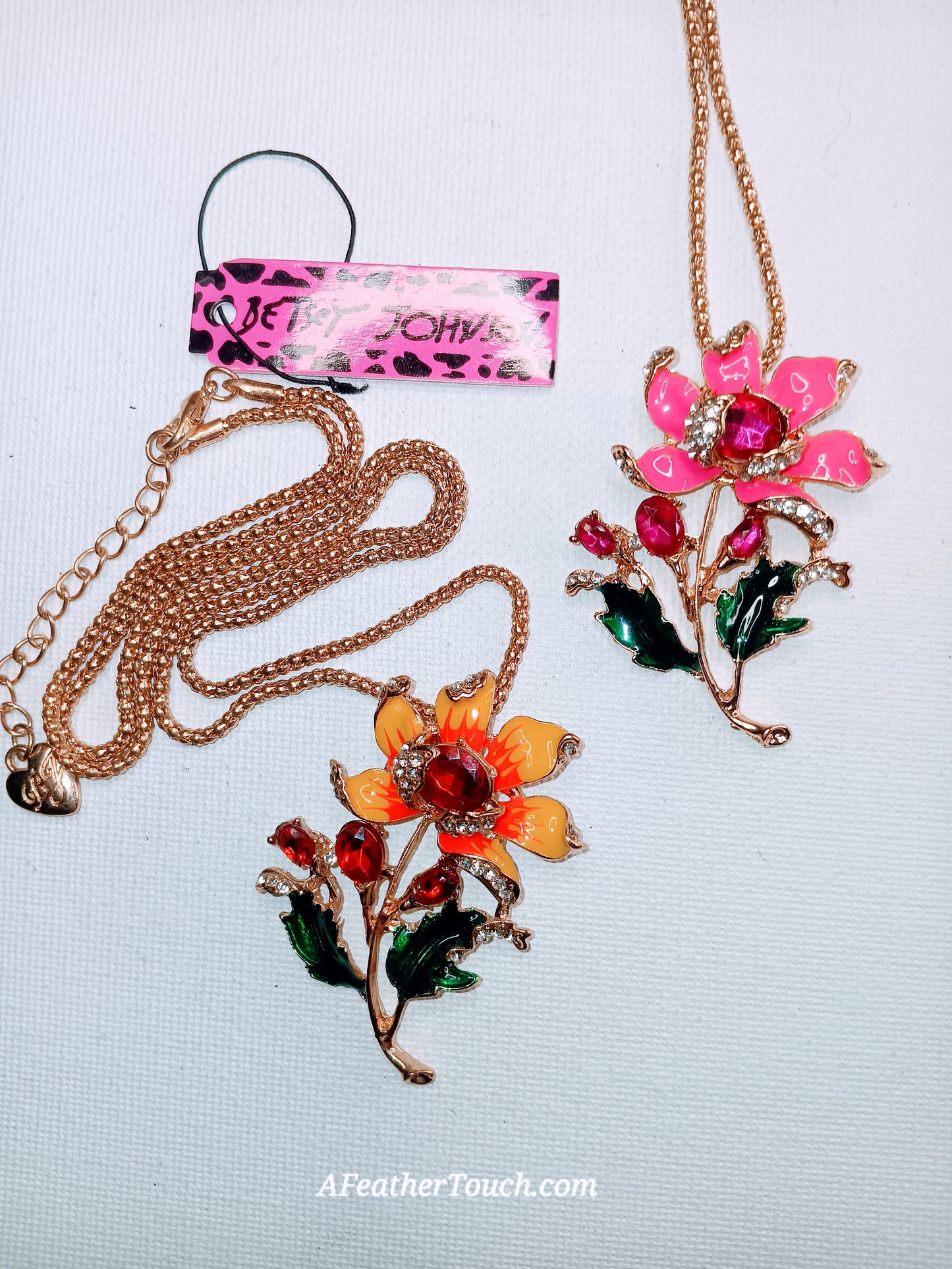 Betsey Johnson Enamel Orchid Flower & Rhinestone Pendant Necklace