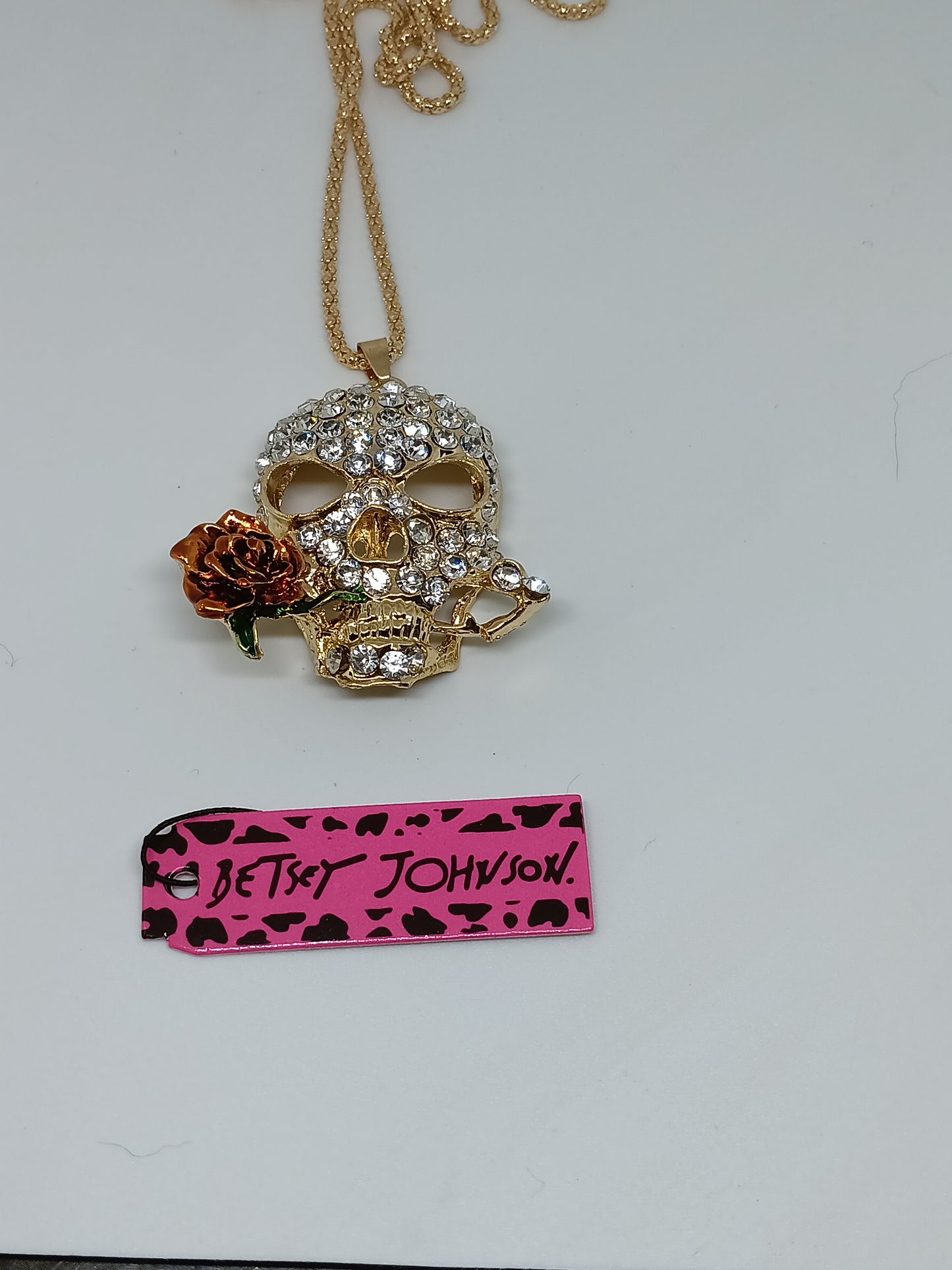 Betsey Johnson Rhinestone Skull & Metallic Rose Statement Pendant Necklace