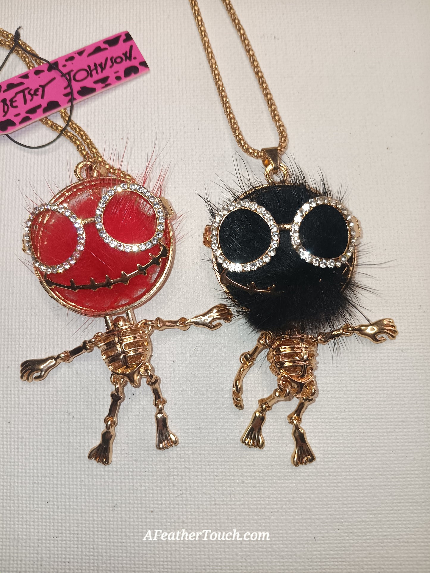 Betsey Johnson  Moveable Skeleton Faux Fur Charm Pendant Necklace