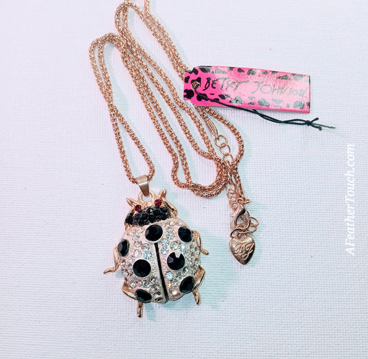 Authentic Betsey Johnson White Pavé Rhinestone Ladybug Pendant Necklace