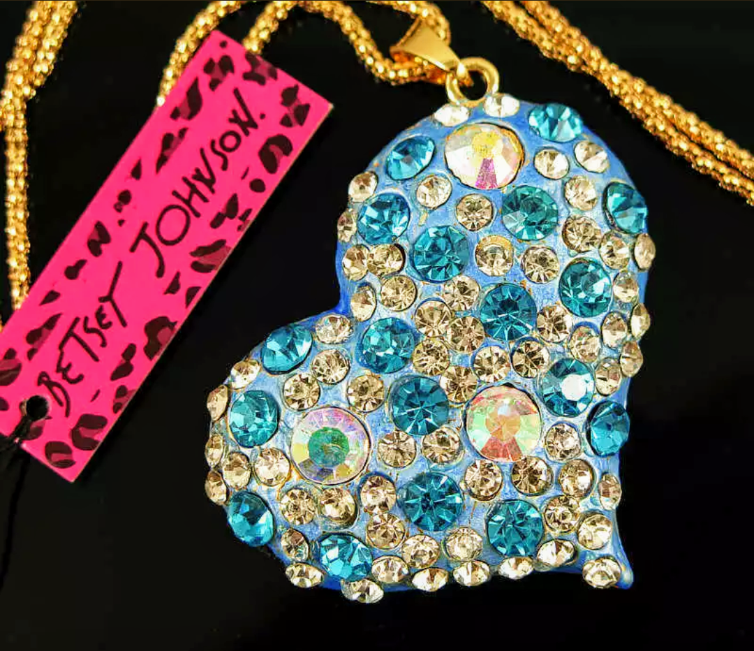 Betsey Johnson Turquoise Blue Multi-Size Crystal Heart Necklace