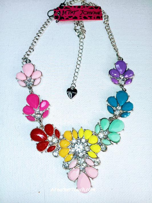 Betsey Johnson Rainbow Lucite Flower Garden Crystal Bib Statement Necklace