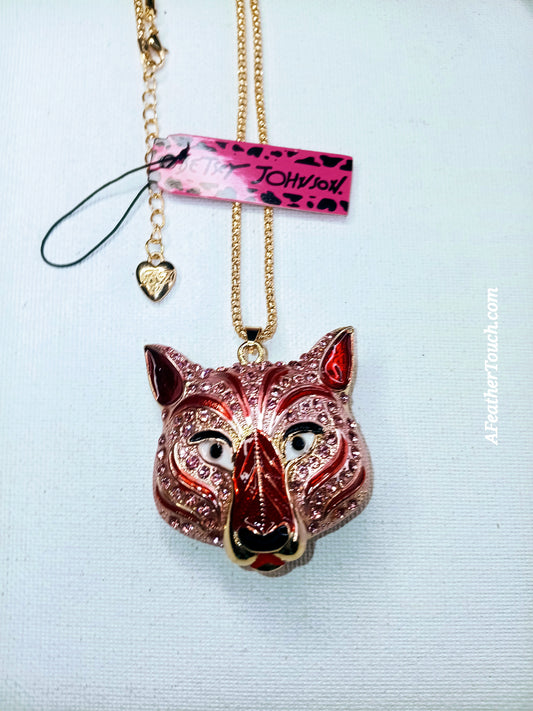 Betsey Johnson Rhinestone Crystal Wolf Head Pendant Necklace,