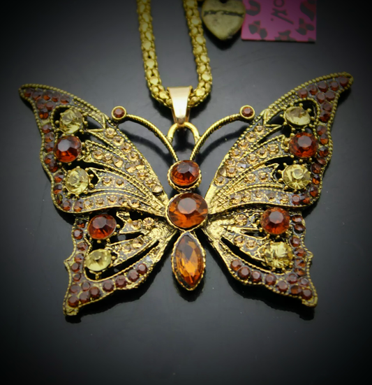 Sparkling Champagne & Amber Rhinestone Butterfly Statement Necklace