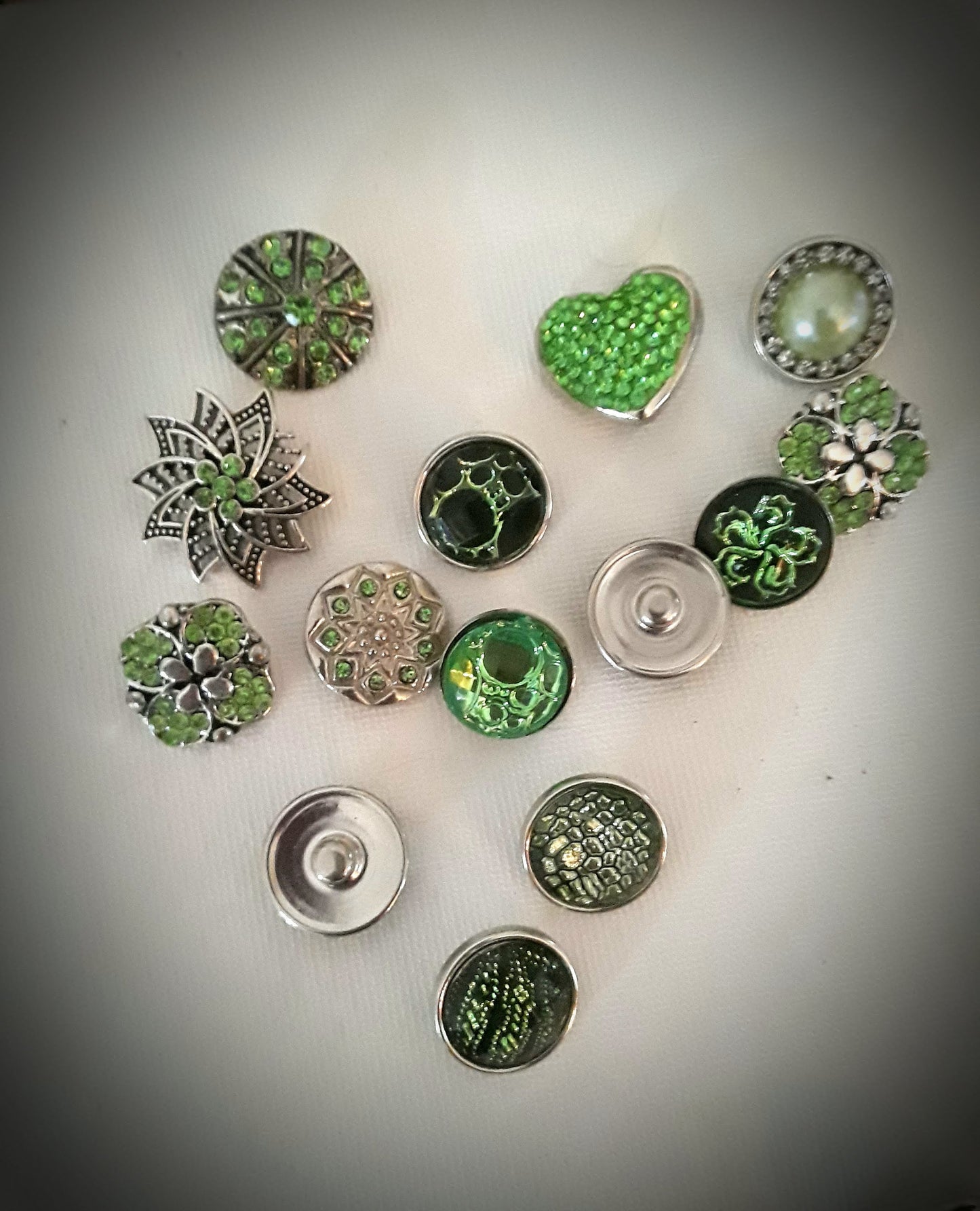 Green 18mm snaps Bubble, Rhinestone, Metal, Heart, Spiril, 3D